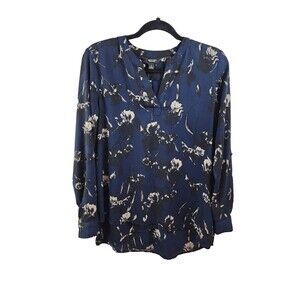 Simply Vera Womens S Blue Floral Long Sleeve V-Neck Lightweight Blouse